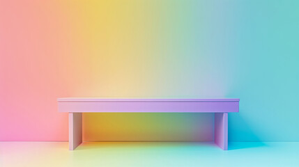 A colorful bench sits in front of a colorful rainbow wall, mockup product stand presentation