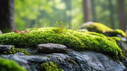The rich green of moss growing on a stone in the forest, offering a glimpse into the quiet, undisturbed beauty of nature.