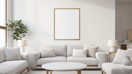 Fototapeta premium Minimalist living room with cozy sofa, indoor plants, and a mockup blank picture frame on the wall, featuring natural light and modern decor.