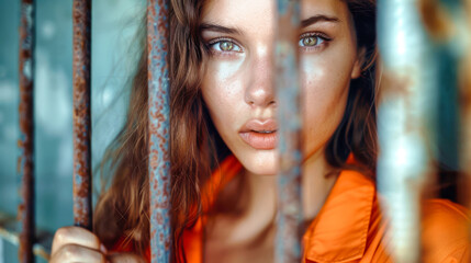 Obraz premium A young woman in an orange jumpsuit grips prison bars, her bright brown eyes capturing a moment of vulnerability and yearning for freedom