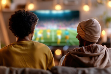 Obraz premium Two friends enjoy watching a soccer match together in a cozy living room, embracing the excitement of the game.