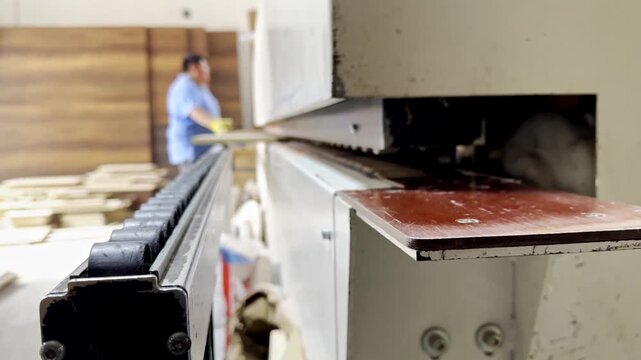 video 4k de trabajo de enchape de canto en melamina en taller de acabados de roperos, cocinas, y otros espacios
