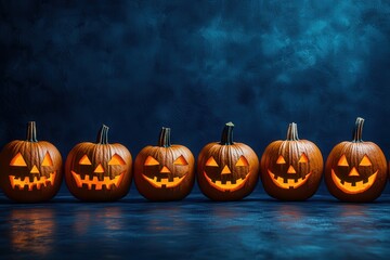 A row of carved pumpkins with glowing faces, symbolizing Halloween festivities.