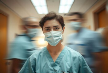 A young Caucasian male doctor or nurse wearing a medical mask and scrubs in a blurred hospital setting