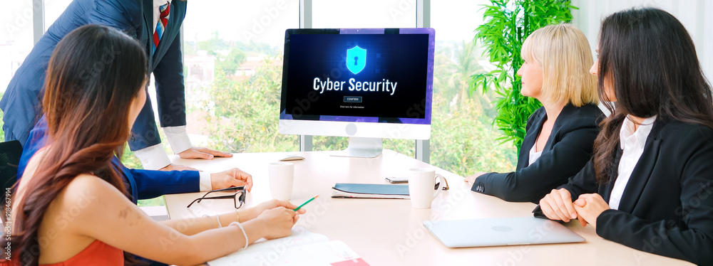 Poster cyber security system on computer screen protect private information snugly from hacker and cyber at