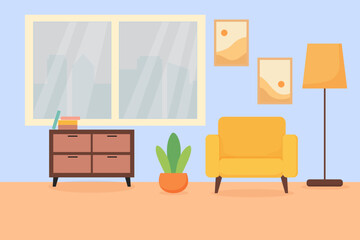 Cozy living room setup with a bright yellow chair, wooden furniture, and natural light