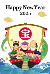 2025年巳年年賀状用テンプレート　宝船に乗った七福神の手描き和風イラスト入り