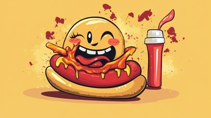 Cute Hot Dog with Mustard and Ketchup