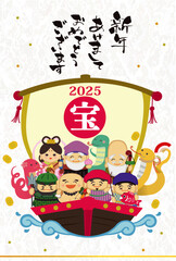 2025年巳年年賀状用テンプレート　宝船に乗った七福神の手描き和風イラスト入り