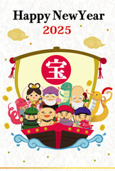 2025年巳年年賀状用テンプレート　宝船に乗った七福神の手描き和風イラスト入り