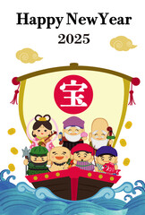 2025年年賀状用テンプレート　宝船に乗った七福神の手描き和風イラスト入り