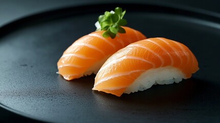 Two Salmon Nigiri Sushi Pieces on a Black Plate