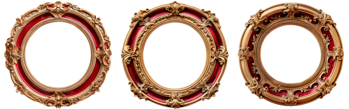 Vintage Round Red Gold Photo Frame with Ornate Pattern in PNG Format