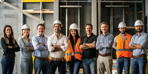 Diverse group of colleagues collaborating on a construction site.