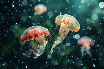 Fototapeta premium Vibrant jellyfish float gracefully in a dark ocean, illuminated by soft, sparkling light, perfect for marine life, nature, and ocean-themed projects,