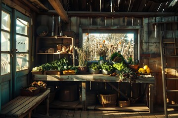 Fototapeta premium A rustic wooden shed filled with fresh vegetables, fruits, and herbs, bathed in warm sunlight, ideal for articles on sustainable living, organic farming, and home gardening projects,