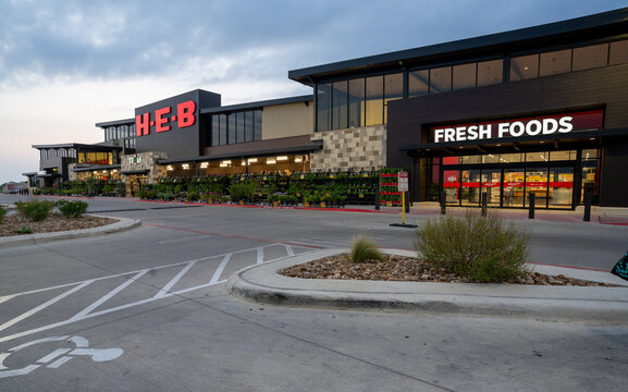 HEB fresh food and grocery store entrance with sign illuminated, Texas Backyard Gardening, Pharmacy, new design for 2024, Boerne, Texas