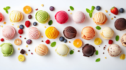 ice cream scoop ball on white background cutout, top view, with fruits topping, many assorted different flavour mockup template for artwork design, two lines