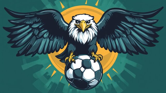 A cartoon eagle is holding a soccer ball in its talons