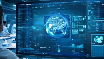 A scientist in a white coat sitting at a computer with a large monitor displaying an AI interface,surrounded by other scientists working on futuristic equipment and machines in a laboratory background - Powered by Adobe