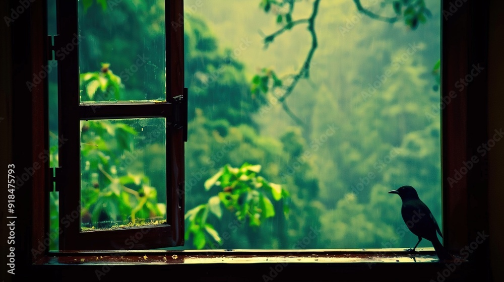 Poster a black bird perched on a sill, gazing through an open window to the verdant forest beyond