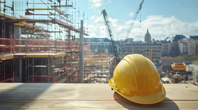 A bright yellow helmet resting on a wooden table, with a busy construction site visible in the background, including scaffolding and equipment, creating a strong visual connection to the construction 