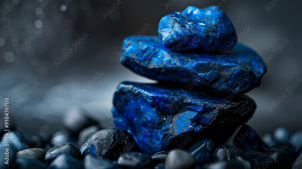 Poster  A pile of blue rocks atop another pile, both atop a pile of black rocks