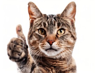 Cat giving a thumbs up on a white background