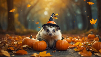 Cute hedgehog pumpkin autumn, in nature october