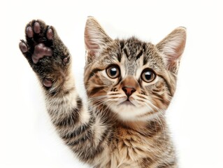 Happy cat waving hello on a white background