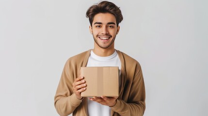 Modern Indian guy smiling while holding a cardboard box