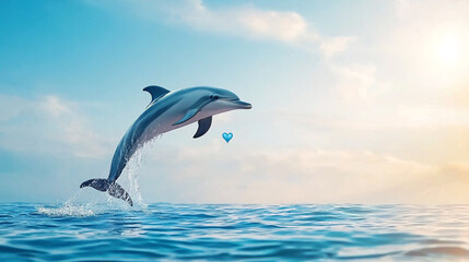 A dolphin is jumping out of the water with a heart in its mouth. Concept of freedom and joy, as the dolphin is able to soar through the air and play with the heart. The heart symbolizes love.