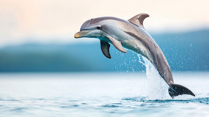 A dolphin leaps out of the water, its tail flapping behind it. The scene is serene and peaceful, with the dolphin soaring through the air and the water below.
