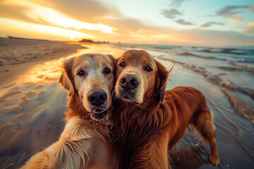Labrador dogs taking a selfie on sea beach background