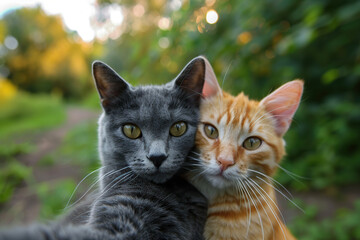 Fototapeta premium Cute grey and ginger cats making selfie photo