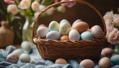 wicker basket with easter eggs