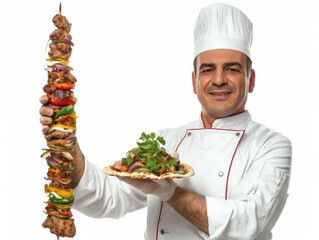 Kebab chef presenting skewers and freshly made kebabs