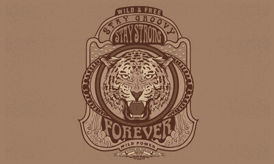 Animal rock and roll artwork for fashion and others. Tiger face. Stay wild stay groovy, Stay strong forever. Fearless tiger print design. Wild at the heart vector.