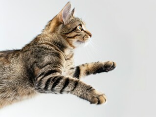 Cat leaps gracefully against a white background