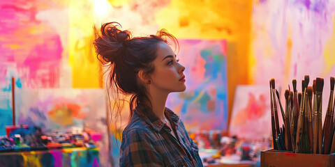 Fototapeta premium Female Artist in a Colorful Studio with Paintbrushes