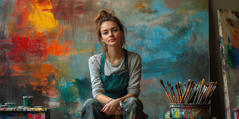 Female Artist in a Colorful Studio with Paintbrushes
