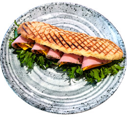 ham and vegetables sandwich on the plate isolated without background