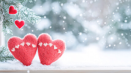 Fototapeta premium Two red knit hearts are on a snowy tree branch. The hearts are surrounded by snow and are hanging from the tree. Concept of warmth and love, as the hearts are a symbol of affection.