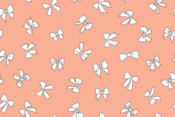 Seamless pattern of elegant cartoon bows, gift ribbons. Fashion hair braiding accessory. Doodle ribbons. Hand drawn vector. 