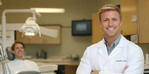 Fototapeta premium Young Caucasian Male Dentist in His Dental Office with a Patient.