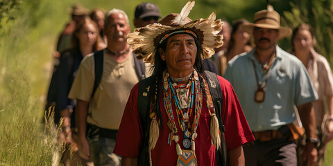 Fototapeta premium Native American Tour Guide Leading a Group Through a National Park