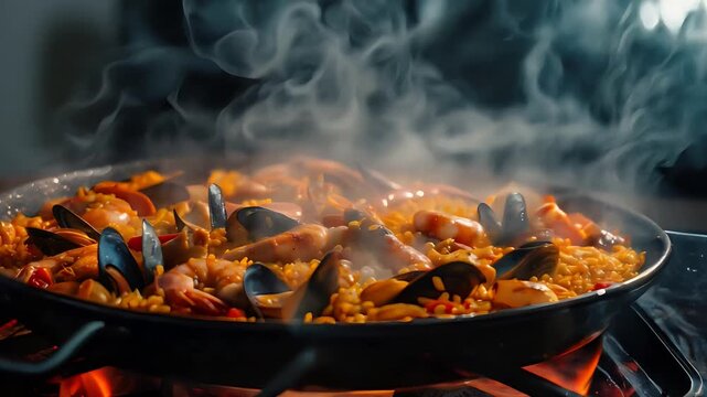 Steaming Seafood Paella in a Traditional Pan