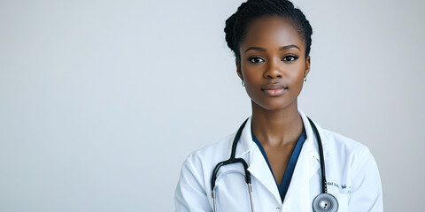 Female African American doctor in lab coat, stethoscope around neck, standing confidently against a white wall.