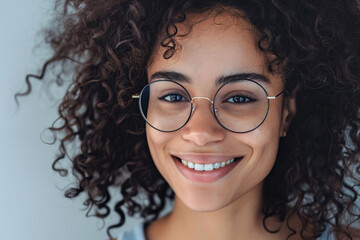 Obraz premium Cute attractive woman in eyeglasses on grey background