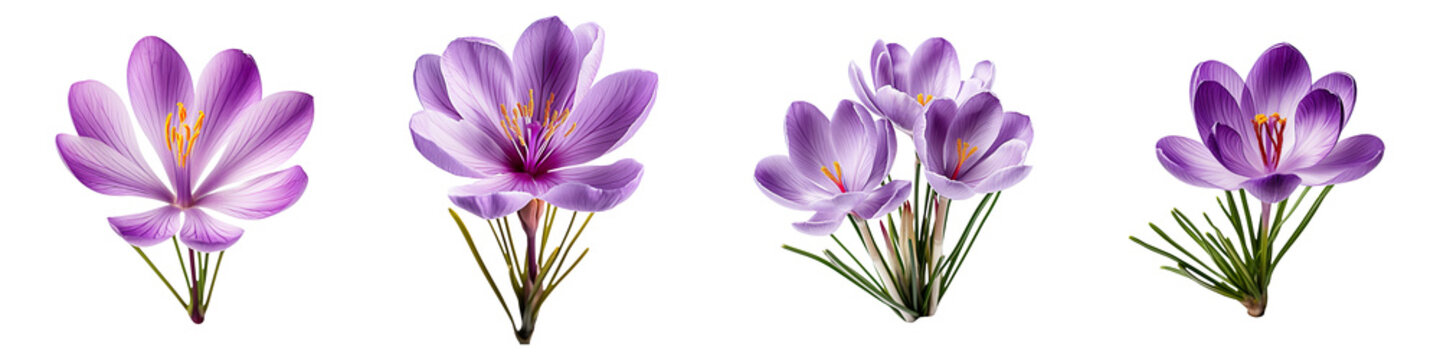 Collection set of purple crocus flowers isolated on transparent background